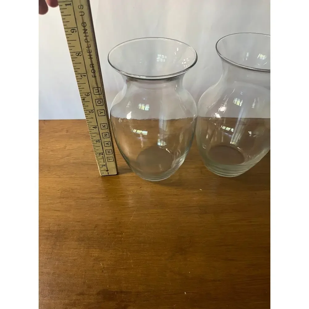 Clear Glass Bulbous Vase Pair Flared Rim Rounded Body Set of 2 Home Decor